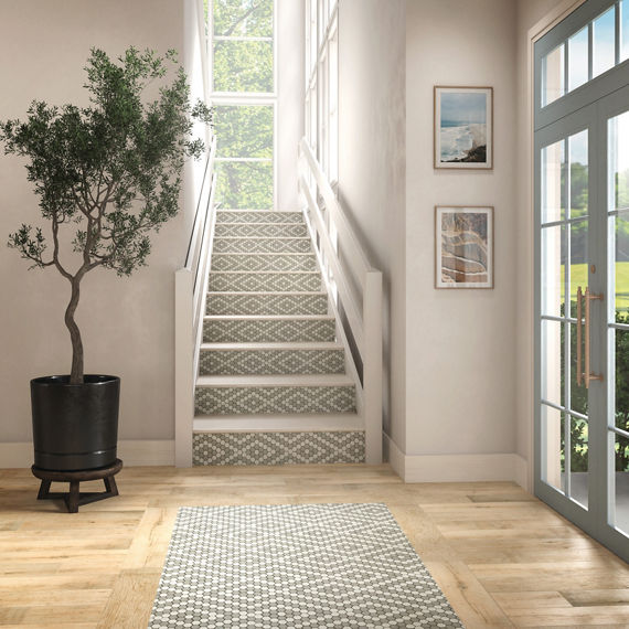 Entry way with wooden floors, gray penny round mosaic on center of floor and stair steps, white walls, and black pot with tree.