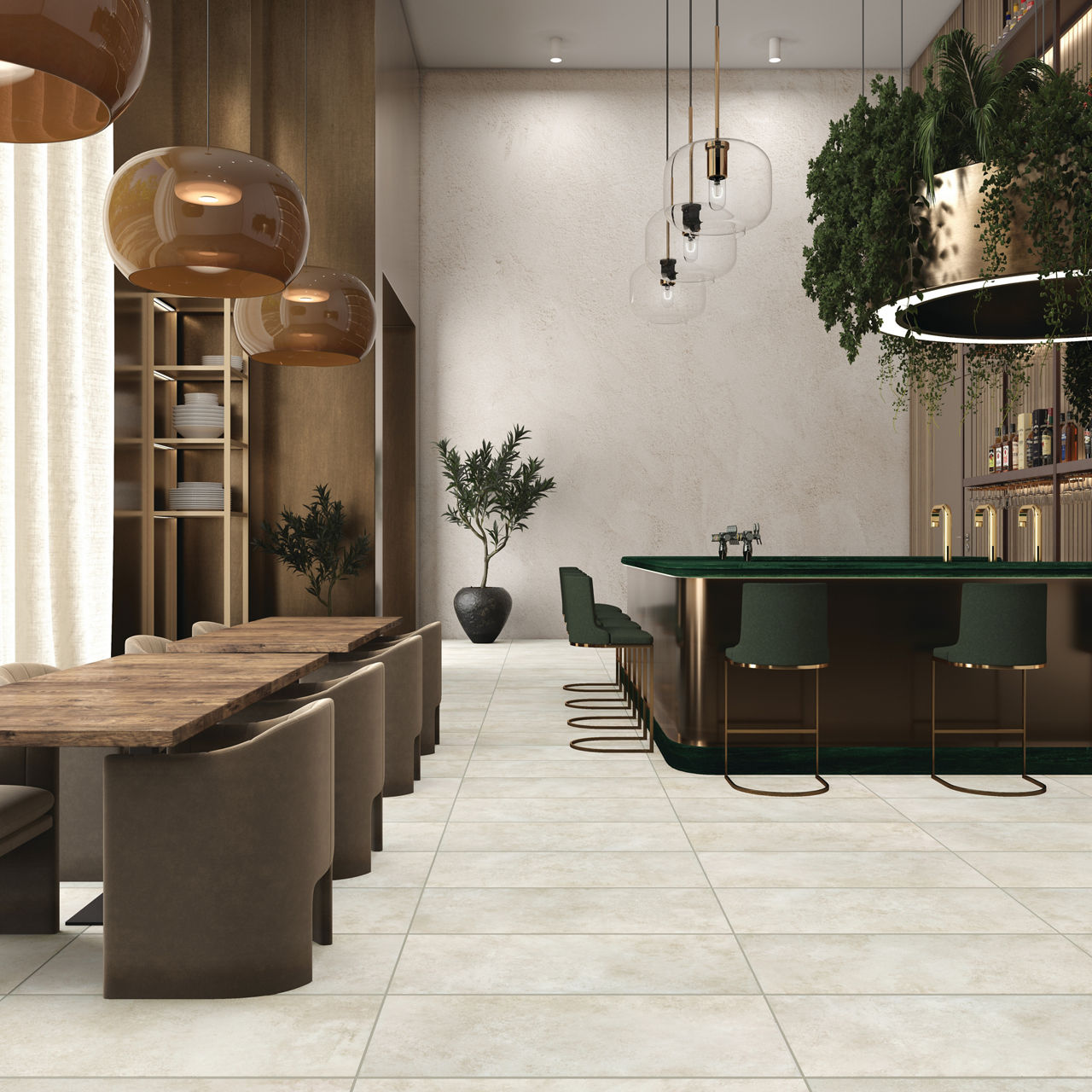 Cafe with white stone look square floor tile, white back wall, wooden side walls, wooden tables with brown chairs, a bar with a green countertop, and green bar chairs.