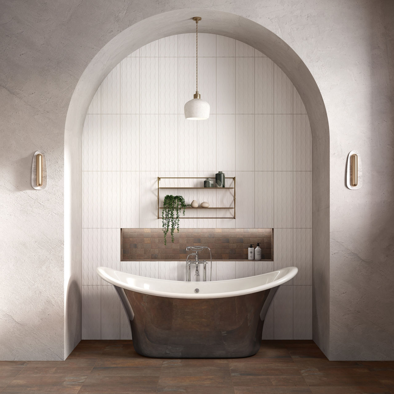 Bathroom with white rectangle wall tile in back wall niche, white stone look walls, wood look floor tile, and bathtub in wall niche.