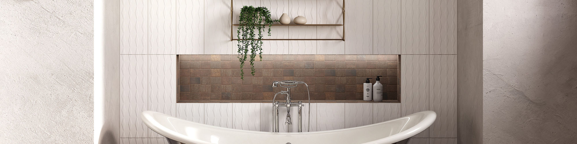Bathroom with white rectangle wall tile in back wall niche, white stone look walls, wood look floor tile, and bathtub in wall niche.