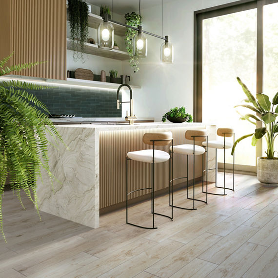 A bright kitchen with plants scattered throughout, light wood floor, and wood accents.