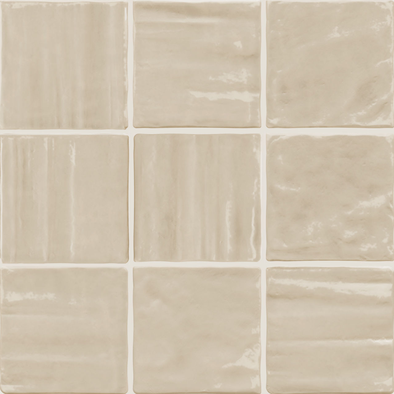 The image shows a close-up view of nine beige ceramic tiles arranged in a three-by-three grid. Each square tile has a glossy, slightly wavy surface with subtle tonal variations and texture. Thin grout lines separate the tiles, emphasizing the geometr