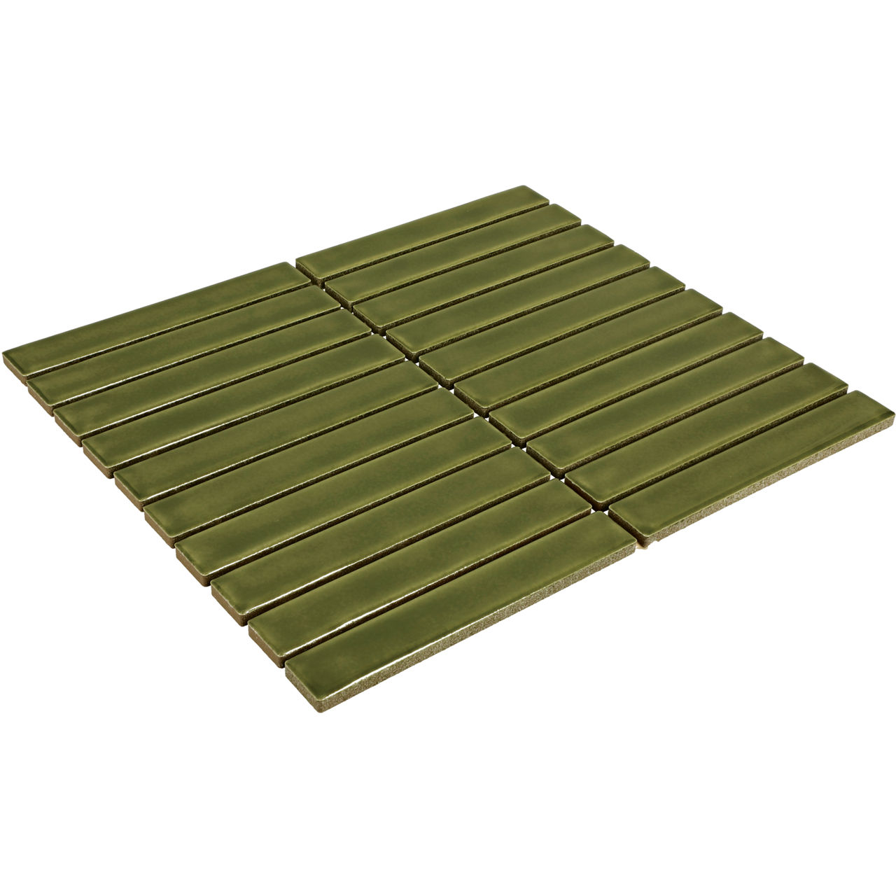 A sheet of narrow rectangular tiles is arranged in a grid pattern, creating a modern mosaic surface. The tiles are a glossy olive green color with slightly beveled edges. They are mounted closely together, suggesting use for walls, backsplashes, or d