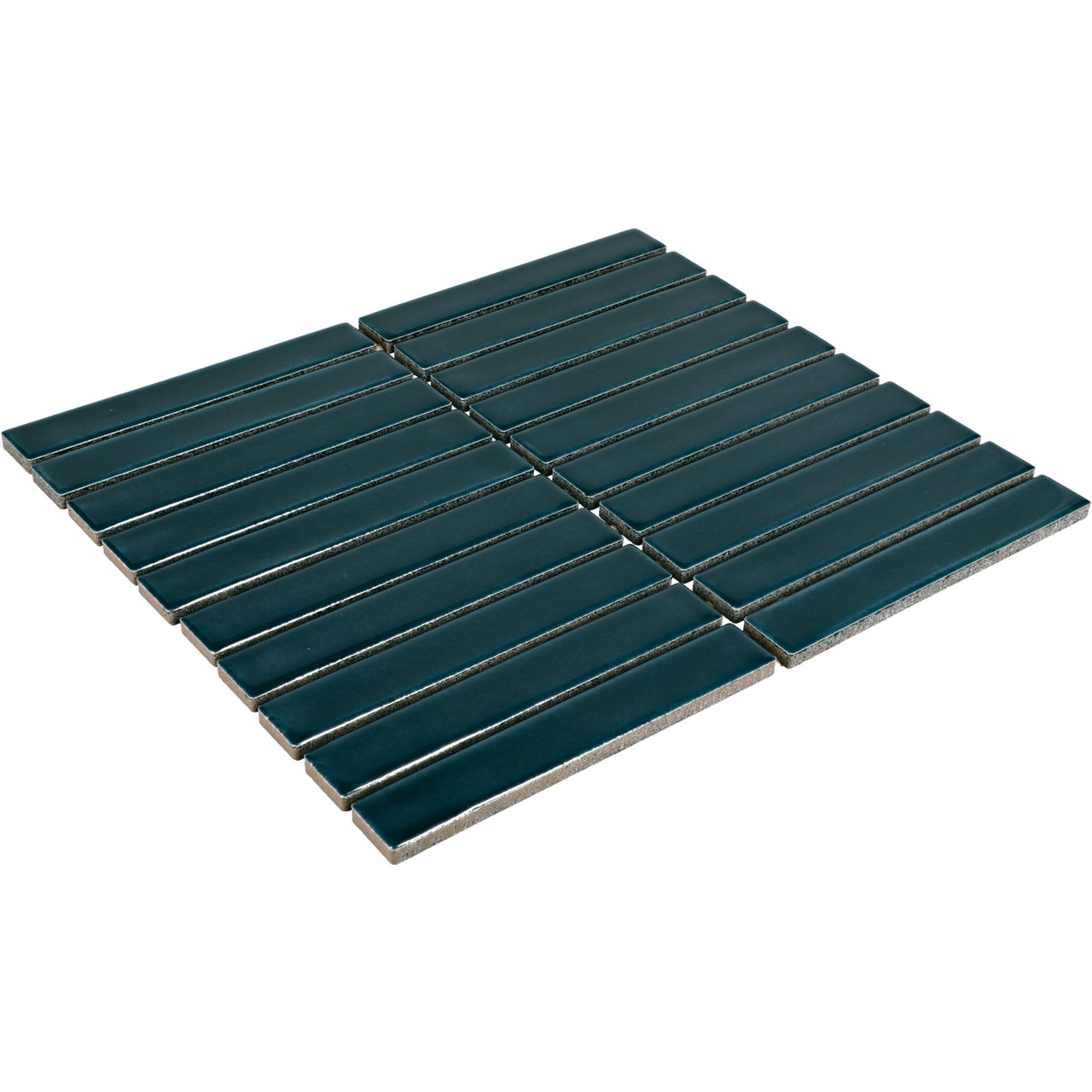 A sheet of narrow rectangular tiles in a dark teal color is arranged in a grid pattern. The tiles are aligned in parallel rows, creating a modern linear mosaic look. Slight texture and edges are visible along the sides of the tiles, suggesting a cera