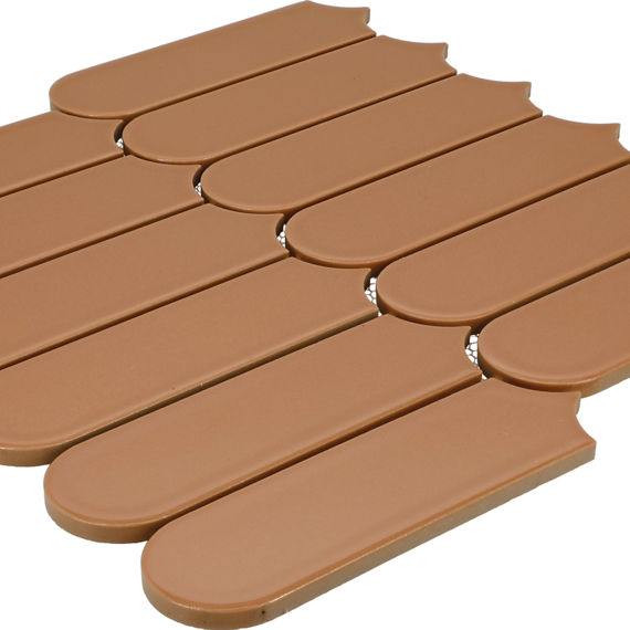 A set of brown interlocking slats is arranged in a staggered pattern against a white background. Each slat has a rounded top edge, resembling a classic picket fence design. The panel appears to be made of plastic or composite material, suitable for d