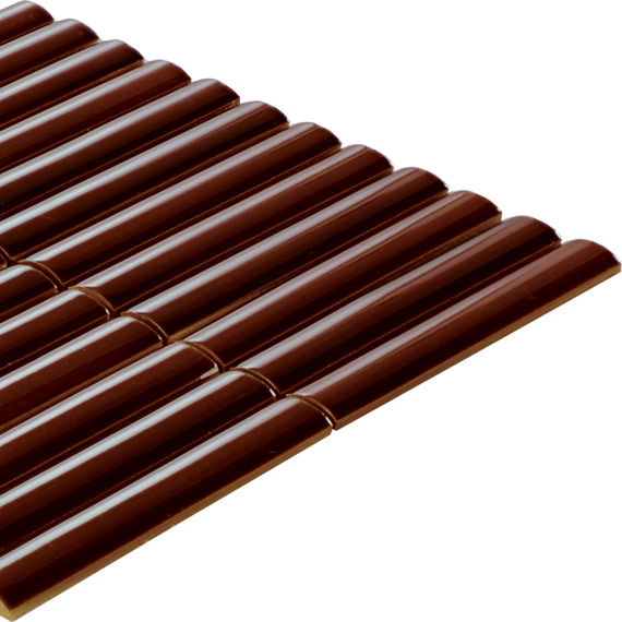 A neat row of long, glossy chocolate-coated wafer sticks is arranged diagonally on a white background. The sticks are aligned closely together, creating a repeating pattern of dark brown cylinders. The ends reveal a lighter interior, suggesting a fil