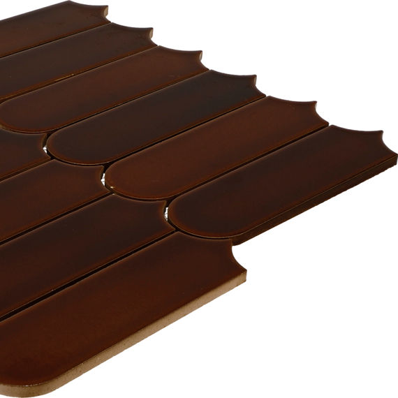 A set of brown wooden slat panels is arranged in an overlapping pattern on a white background. Each slat has a rounded end, creating a scalloped edge along one side. The wood appears smooth and polished, with a warm, dark brown finish. The image focu