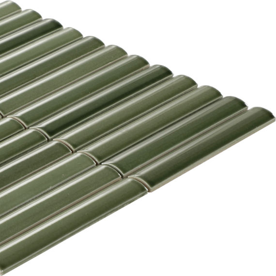 Image of a sheet of narrow cylindrical ceramic tiles arranged in parallel rows. The tiles are a muted green color with a glossy finish and rounded tops. They are mounted together as a single panel, suggesting use for walls, backsplashes, or decorativ