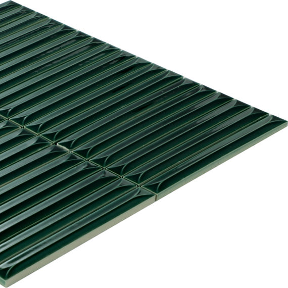 A green metal floor panel with parallel slats is shown against a white background. The panel consists of multiple narrow, evenly spaced bars creating a grid-like surface. Its reflective finish highlights the ridged texture and structural design. The 
