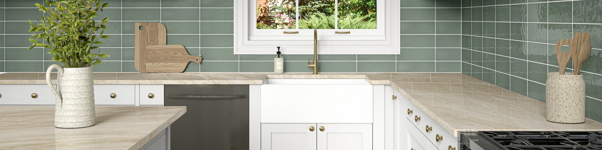 Kitchen with green subway tiles on backsplash, white cabinets, and a wood floor.