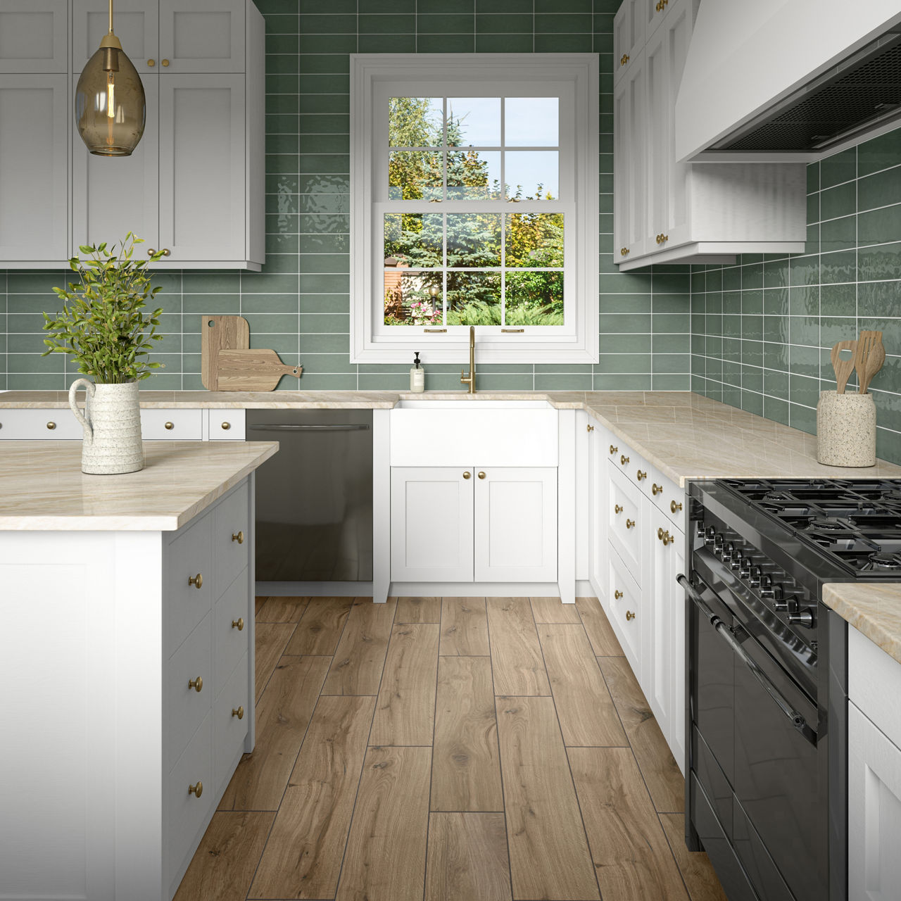 Kitchen with green subway tiles on backsplash, white cabinets, and a wood floor.