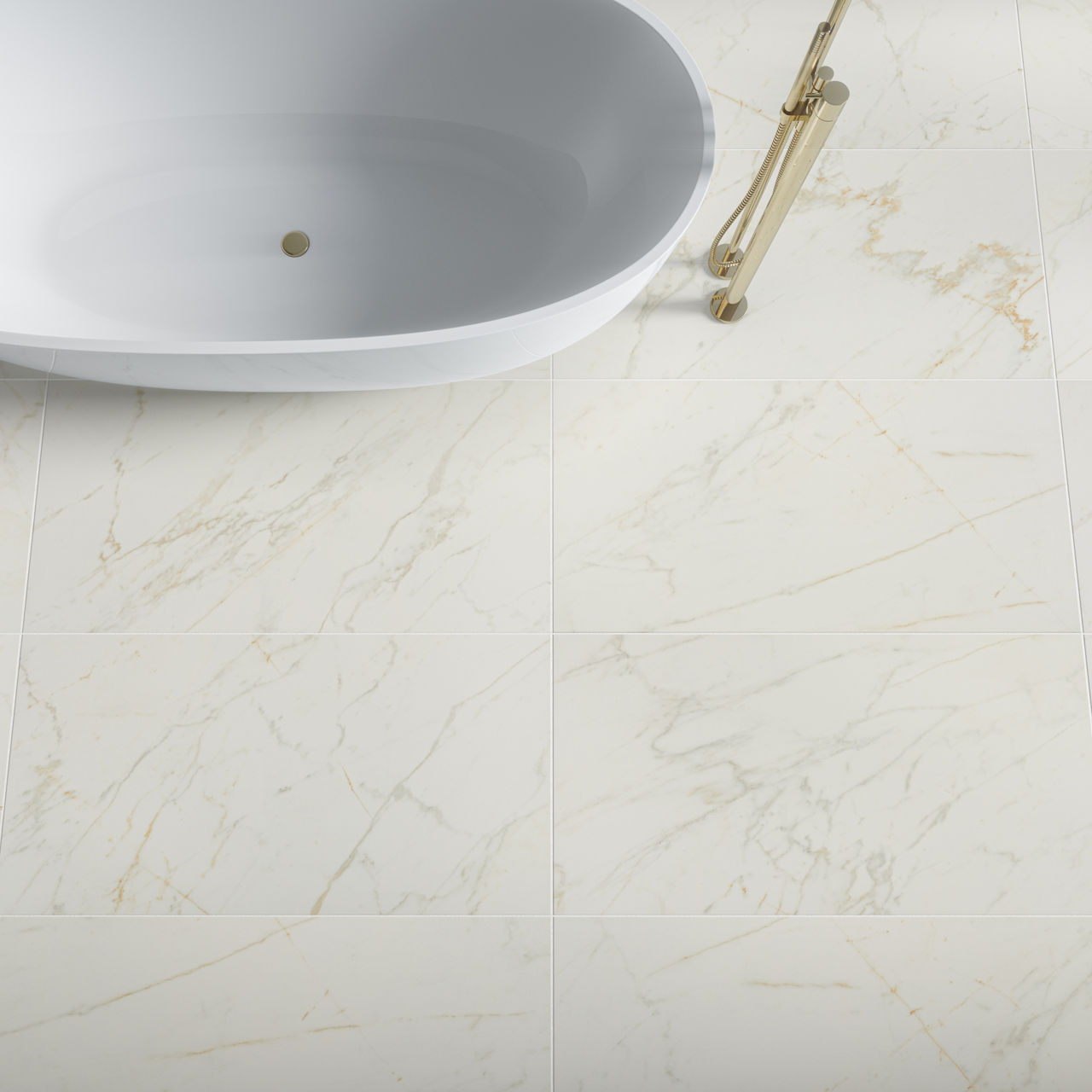Bathroom scene with large-format rectangular beige marble-look 24x48 tile, matte finish, subtle veining, and a white freestanding tub.