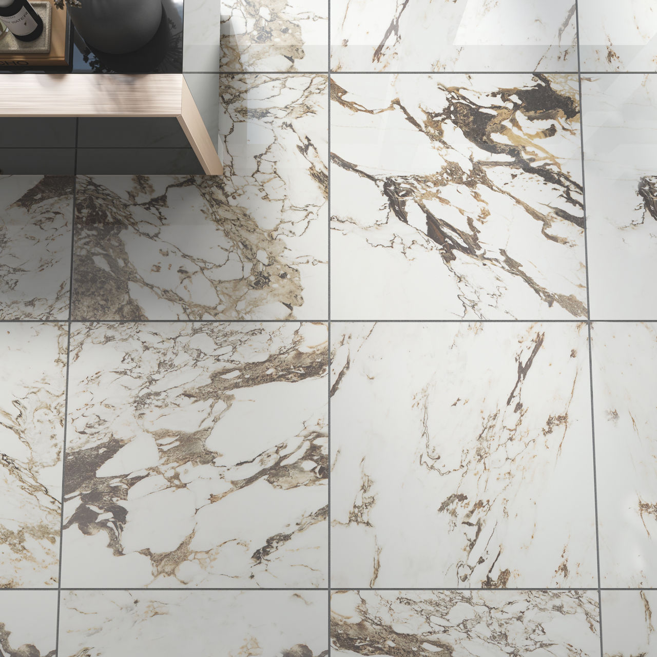 Room with white marble-look floor tile featuring bold brown veining in a 24x24 polished finish.