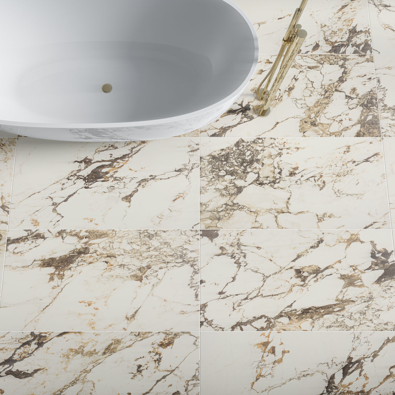 Bathroom scene featuring large-format rectangular creamy marble-look 24x48 tile, matte finish, bold brown veining, and a white freestanding tub.