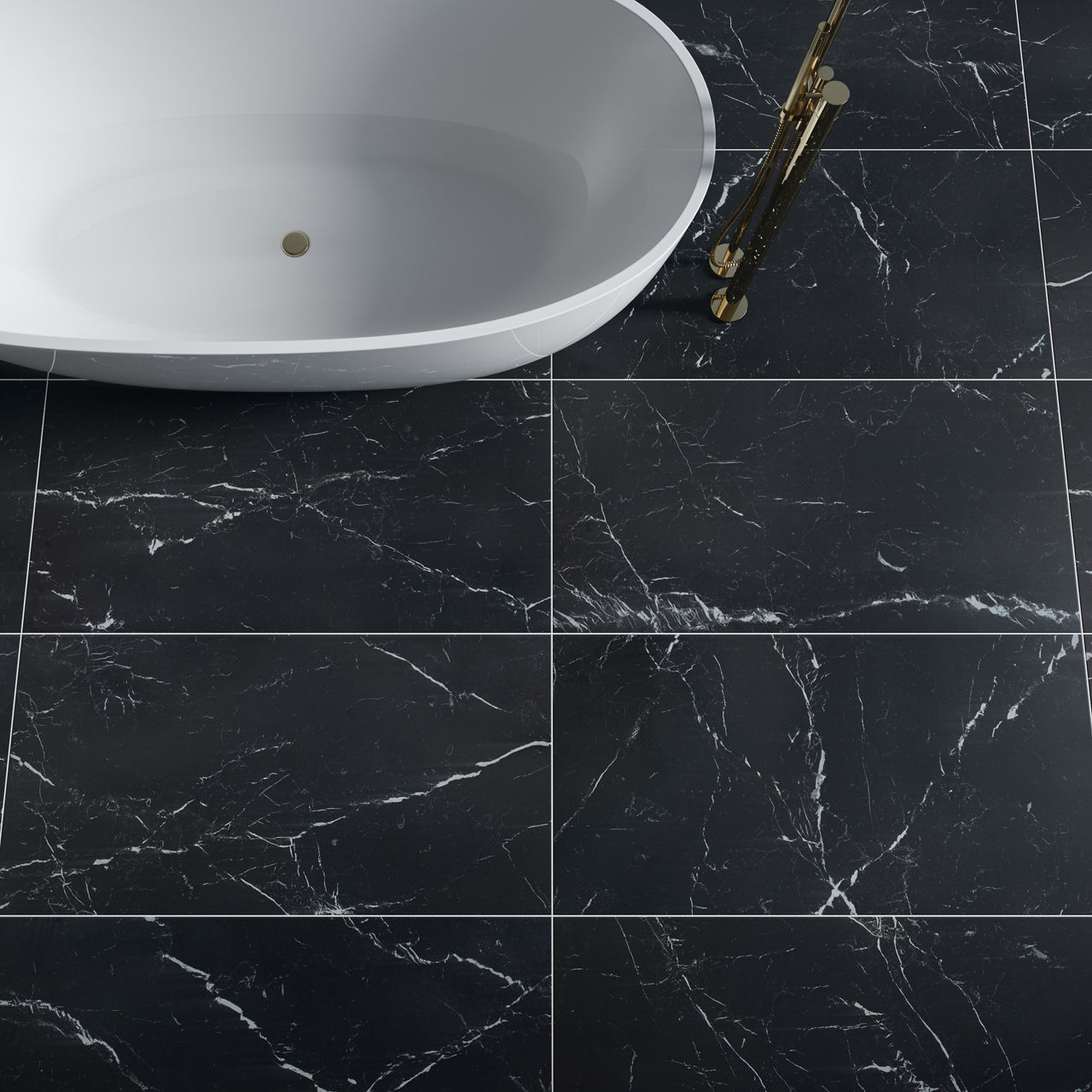 Bathroom scene with large-format rectangular black marble-look 24x48 tile, matte finish, striking white veining, and a white freestanding tub.