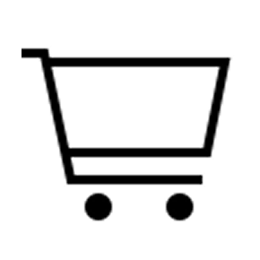 Simple black outline of a shopping cart icon on a white background. The cart is depicted in side view with two small wheels and a rectangular basket. The design is flat and minimal, suitable for digital interfaces or ecommerce applications. Clean lin