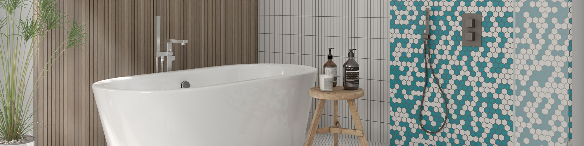 Bathroom with white marble tile floor, soaker tub in front of wood look tile wall, shower with white and teal hexagon mosaic tile shower wall and white floor tile.