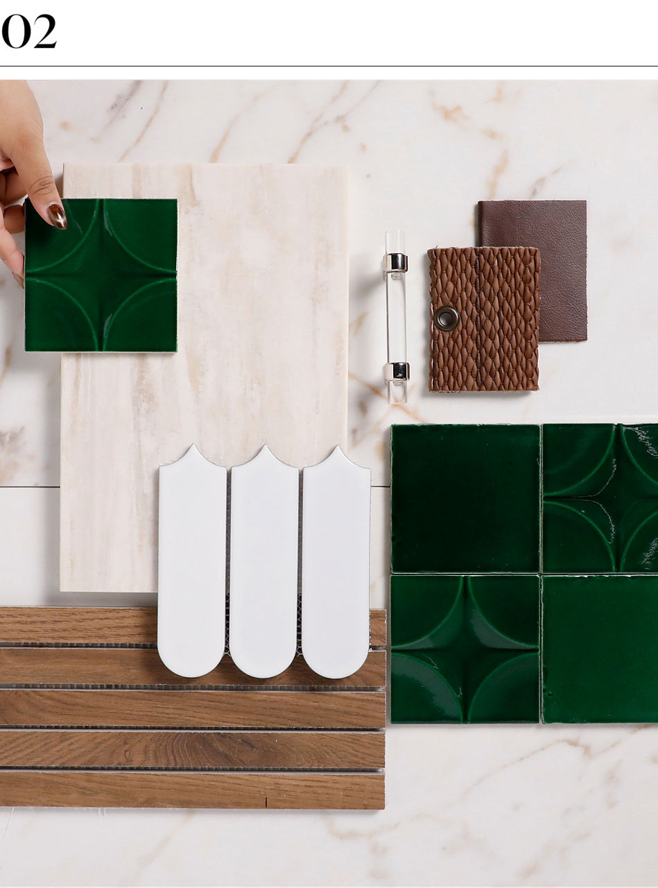 Flat lay of tile, wood, and leather samples arranged to showcase color, texture, and material coordination.
