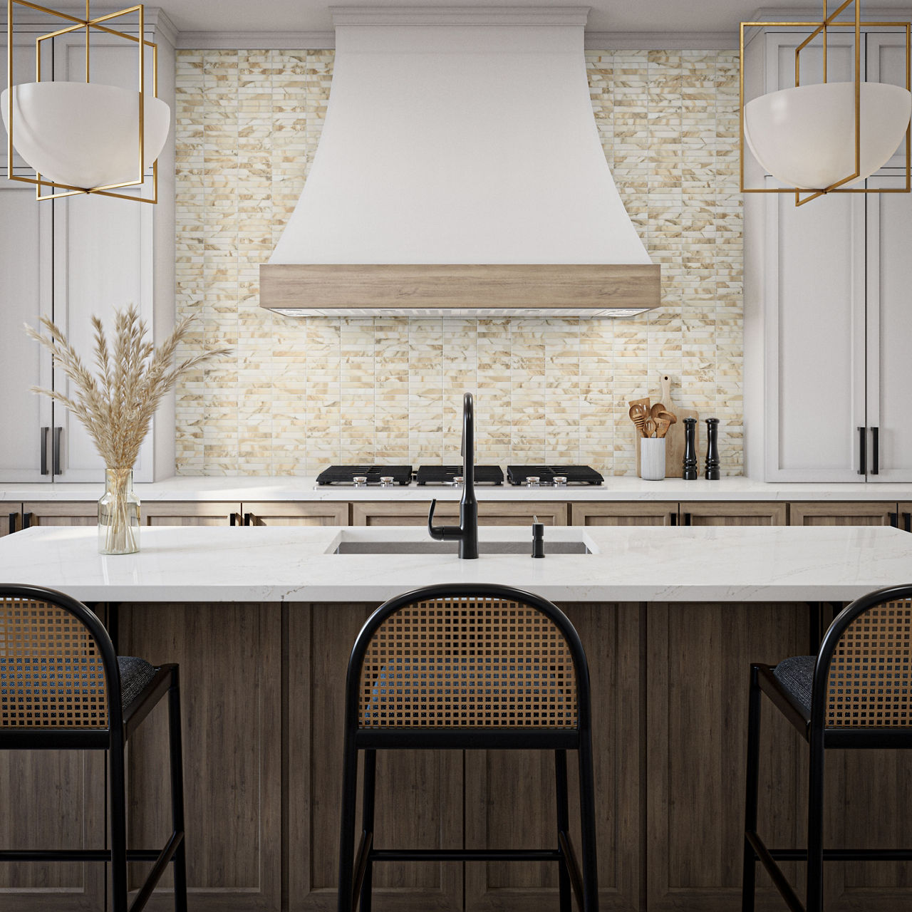A contemporary kitchen features a large island with a white countertop and black fixtures. The background showcases a neutral stone tile backsplash and a prominent white range hood. Two woven-back bar stools and pendant lights add warmth and style to