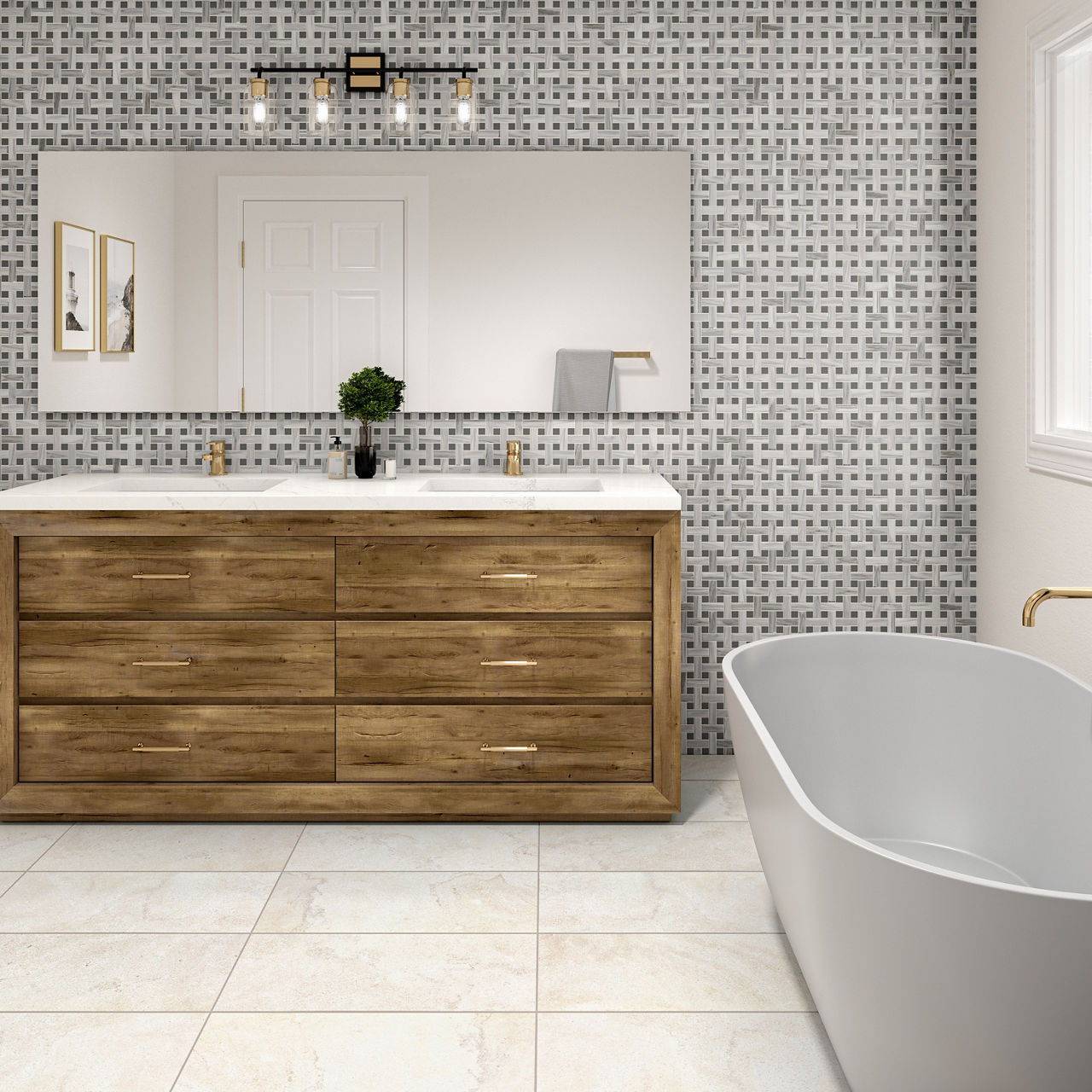 A contemporary bathroom features a large wooden vanity with dual sinks and a wide mirror above. The setting includes a freestanding gray bathtub, geometric tile accent wall, and minimalist decor with framed art and a small plant. The space is well-li