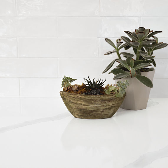Close up of kitchen white marble look kitchen countertop, white undulated subway tile on backsplash, and two small plants.