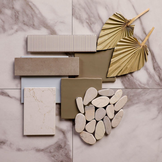 This flatlay contains white marble look square tile, white marble look slab, gray square tile, rectangle gray wall tile, and white ripple rectangle wall tile.