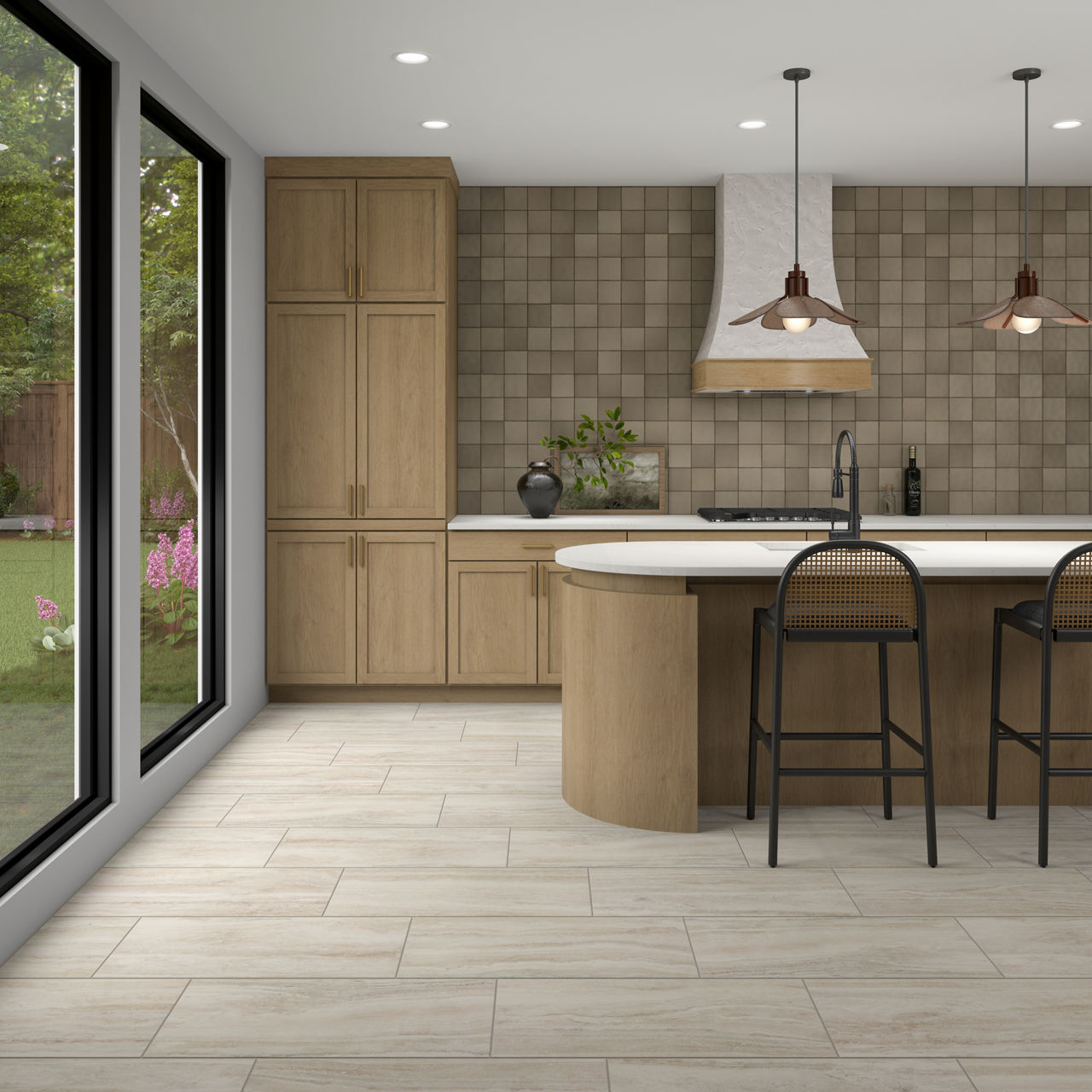 Kitchen with brown cabinets, white countertops, beige stone look floor tile, and a brown ceramic square mosaic on the backsplash.