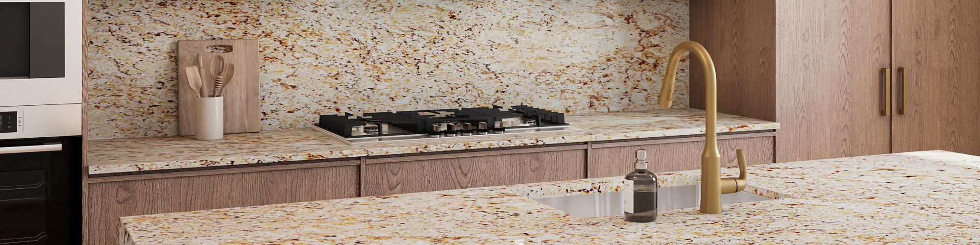 Kitchen with beige granite countertop and backsplash, wood cabinets and chairs, and beige granite island.