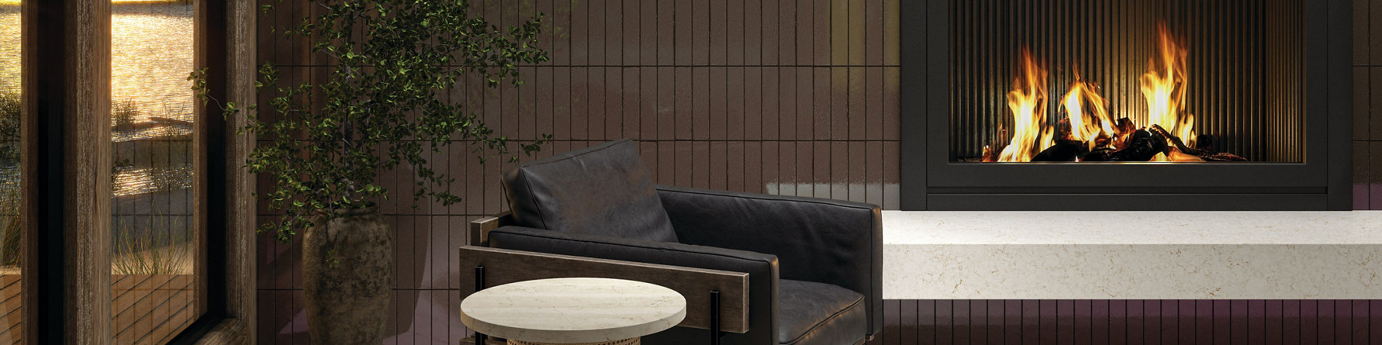 Living room with brown metallic look subway tile on back wall, white rectangle floor tile in herringbone pattern, black sitting chair, and a lit fireplace.