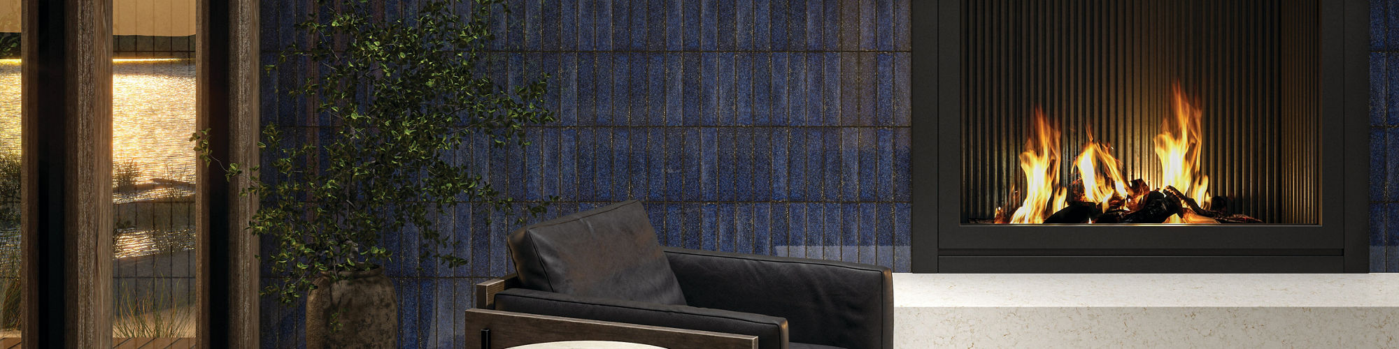 Living room with navy blue metallic look subway tile on back wall, white rectangle floor tile in herringbone pattern, black sitting chair, and a lit fireplace.