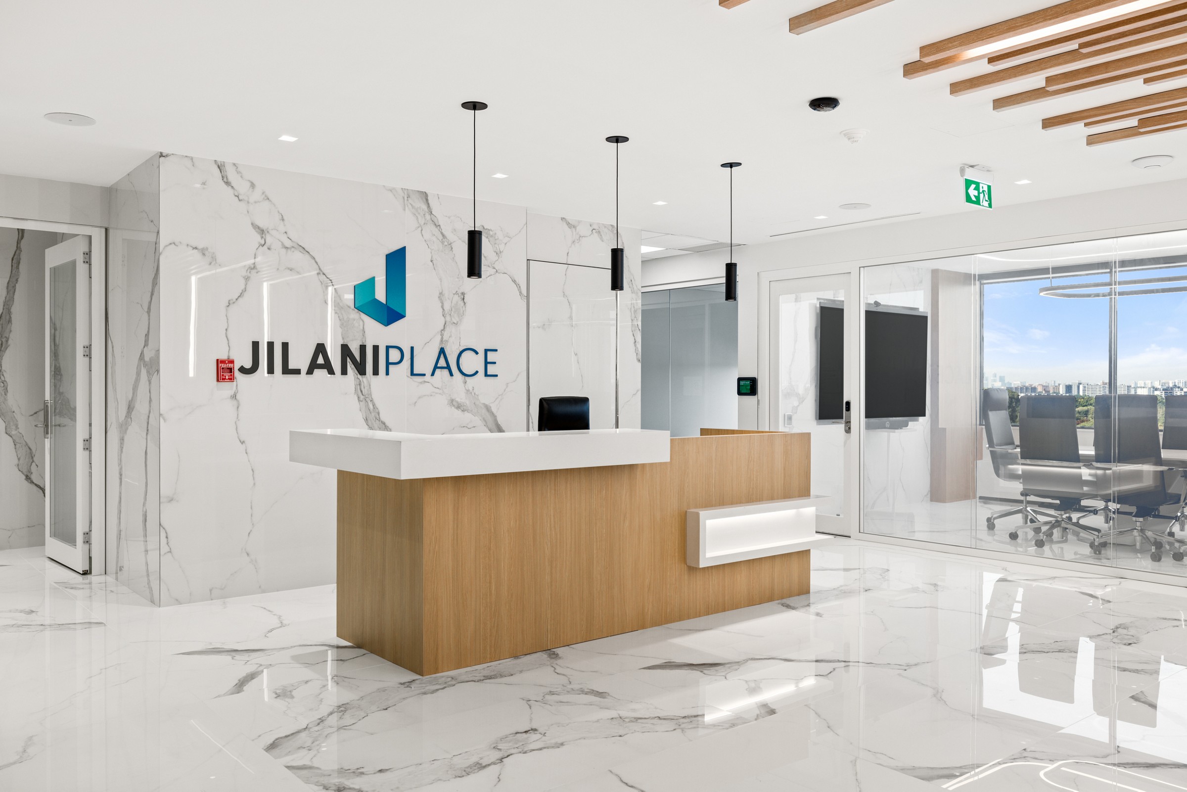A Daltile Statuario porcelain installation — large-format gauged porcelain in a residential setting.