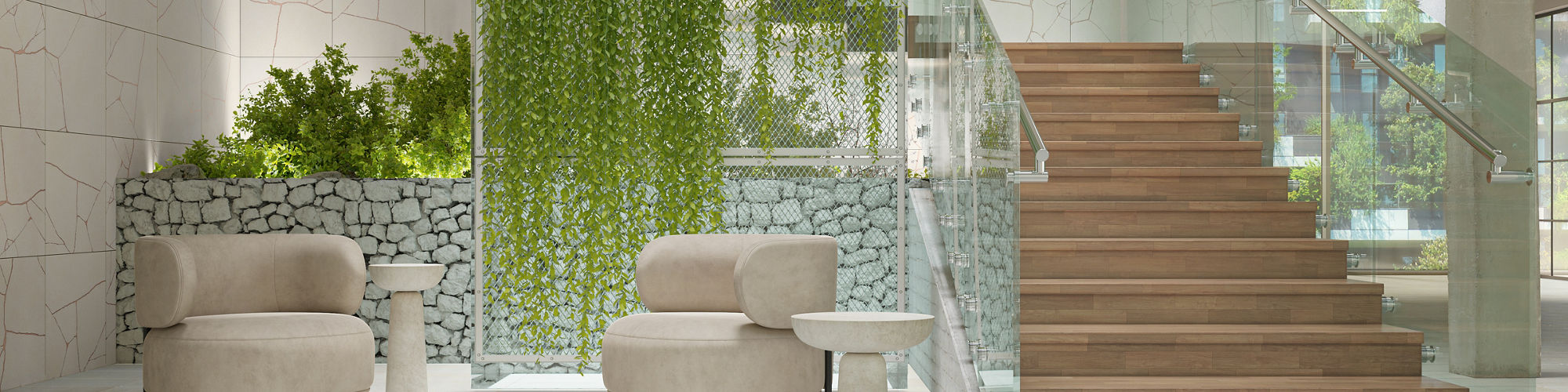 Sitting area with white concrete look rectangle floor tile, white decorative look rectangle tile on wall with Japanese influence, wooden stairs, and vines hanging in the center of the room.