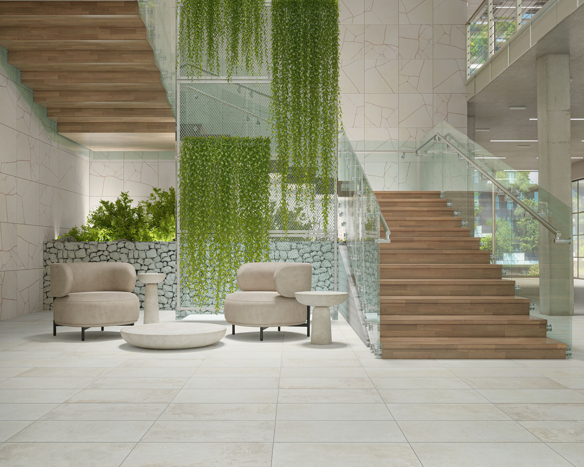 Sitting area with white concrete look rectangle floor tile, white decorative look rectangle tile on wall with Japanese influence, wooden stairs, and vines hanging in the center of the room.