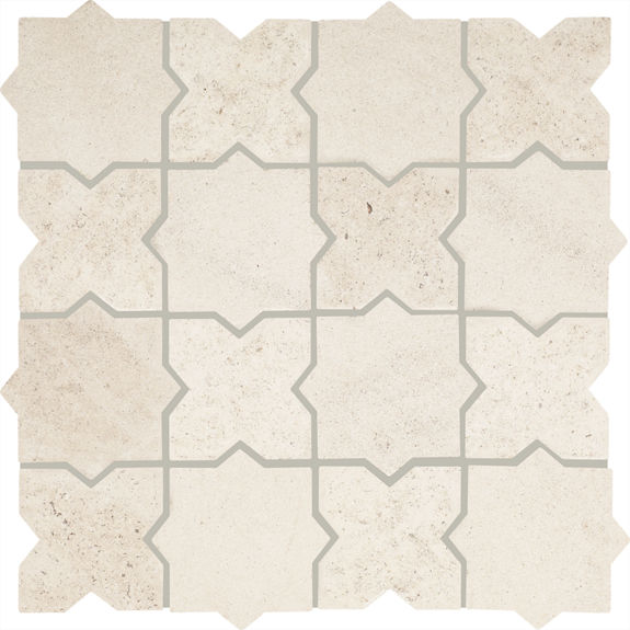 Curio Beige 3x3 Star and Cross Tumbled Natural Stone Mosaic Tile | Renderra Lyon by Daltile