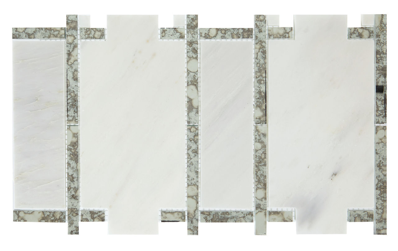 Rectangular white marble tiles are arranged in a staggered pattern with narrow gray mosaic strips between them. The design appears as a decorative wall or floor tile panel on a white background. Subtle veining in the marble contrasts with the speckle