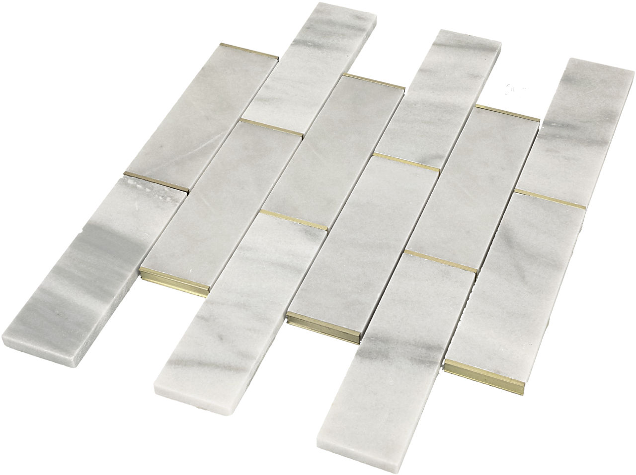 Rectangular white marble tiles are arranged in a staggered mosaic sheet. The tiles feature subtle gray veining and a smooth, polished surface. They are displayed on a white background, emphasizing the linear pattern and clean edges. This tile sheet i