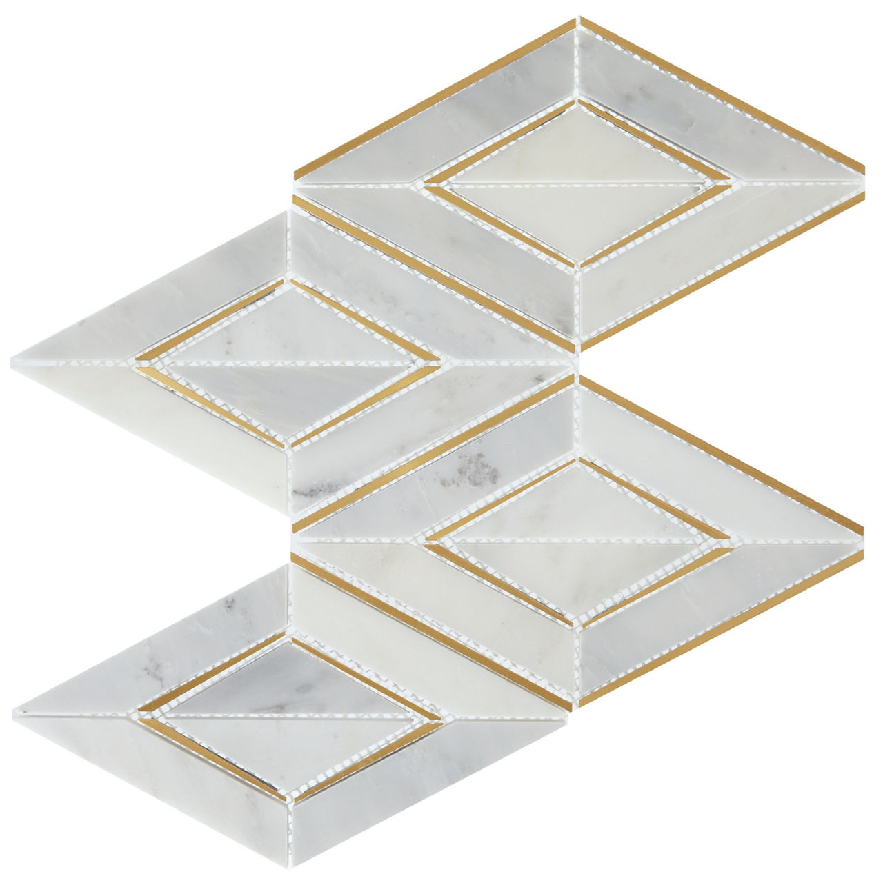 The image shows a geometric mosaic composed of elongated diamond-shaped tiles. Each tile features a central diamond inset framed by thin gold-colored borders and white grout lines. The marble surfaces vary subtly in tone from light gray to off-white,
