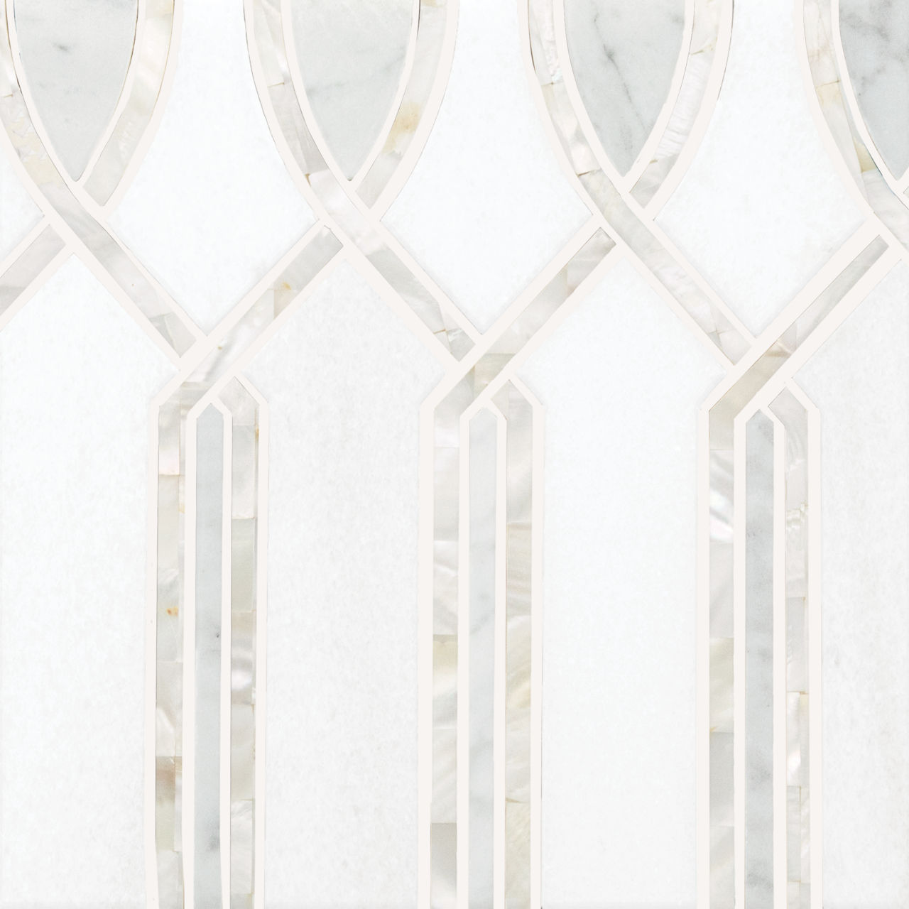 Decorative mosaic tile design featuring white marble and light stone in a geometric pattern. The layout includes elongated vertical shapes with looped arches and thin inlaid strips creating an art deco feel. Subtle variations in the marble and shell-