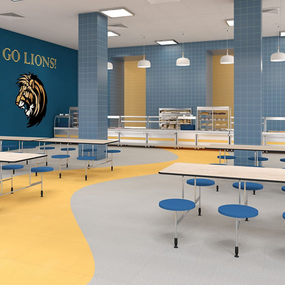 Cafeteria with yellow and gray rectangle concrete look floor tile, blue square wall tile, cafeteria tables, and blue cafeteria chairs.