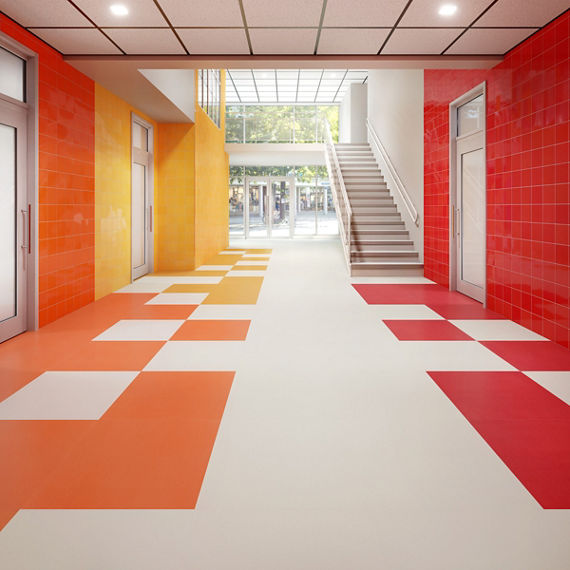 Hallway with white, orange, and red rectangle concrete look tile on floors and walls.