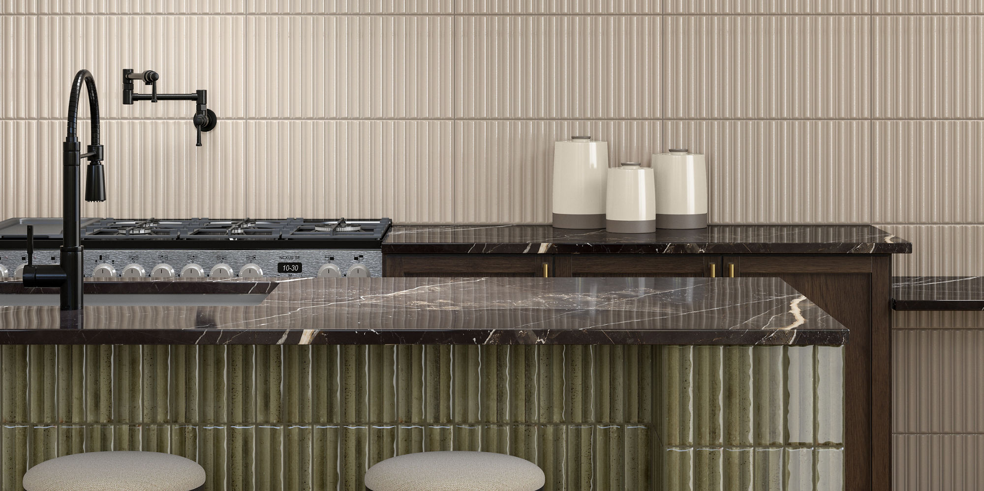 Kitchen with beige rectangle fluted wall tile, dark wood cabinets, green fluted rectangle tile on island counter, and black marble look countertops.