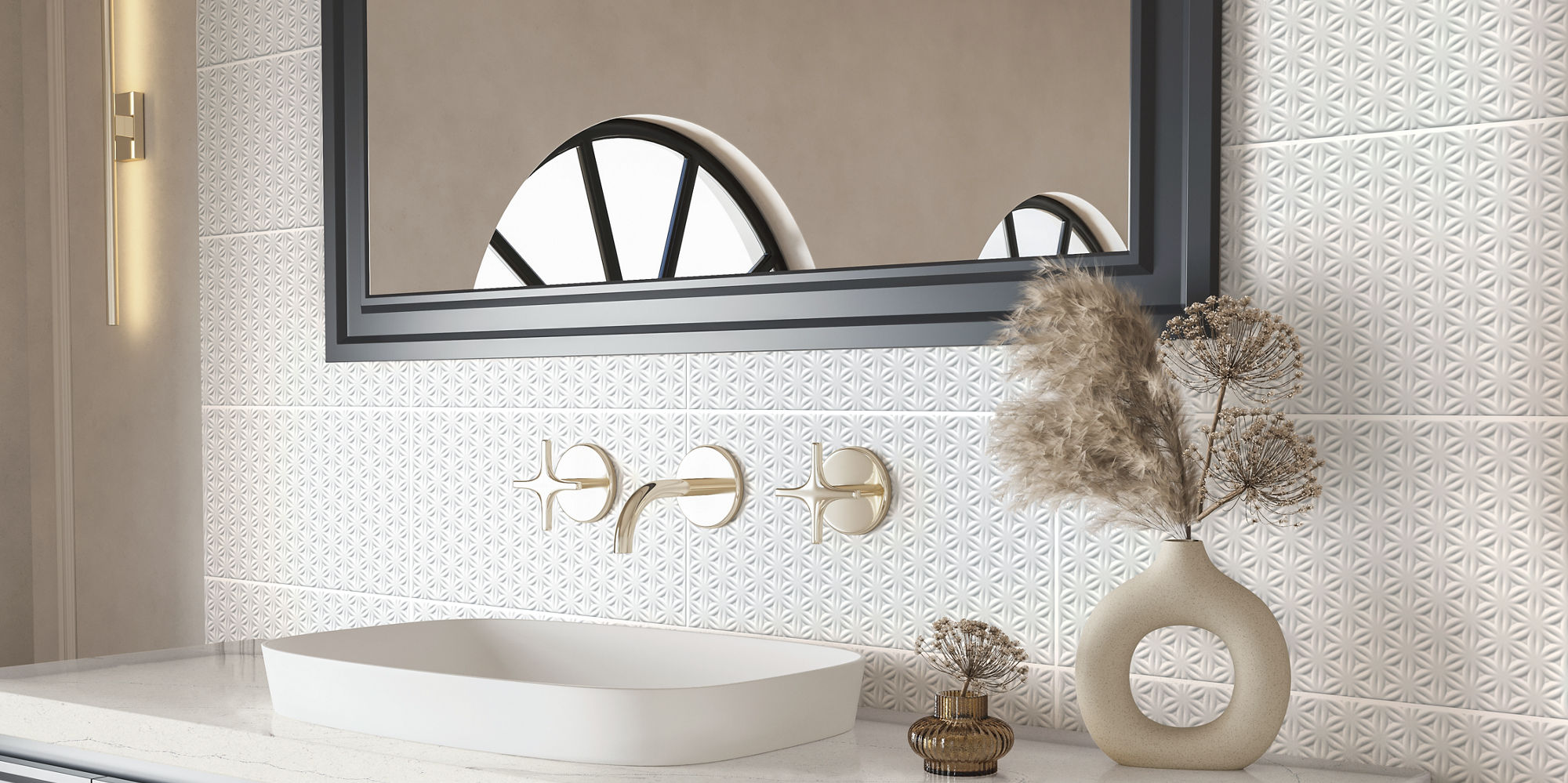 Bathroom sink with white countertop, gray cabinets, and a white 3D rectangle tile on backsplash.