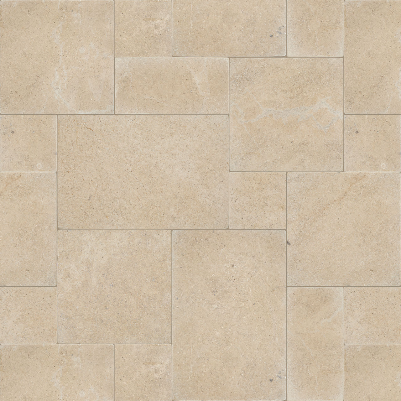 Beige stone tiles are arranged in an interlocking rectangular pattern. The surface shows subtle natural grain, speckles, and faint veining across the tiles. The layout creates a repeating modular design suitable for floors or walls. Overall, the imag