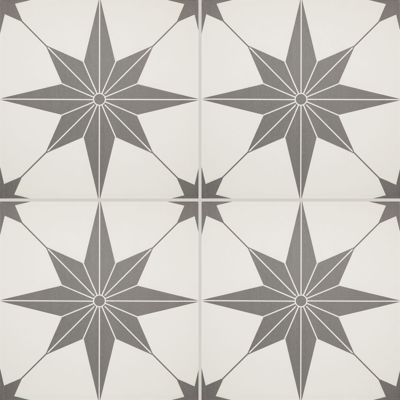 Image of a repeating geometric star pattern across four ceramic tiles. Each tile features an eight-pointed dark gray star with a small circular center on a light background. The stars align at the corners to create a continuous, symmetrical motif. Th