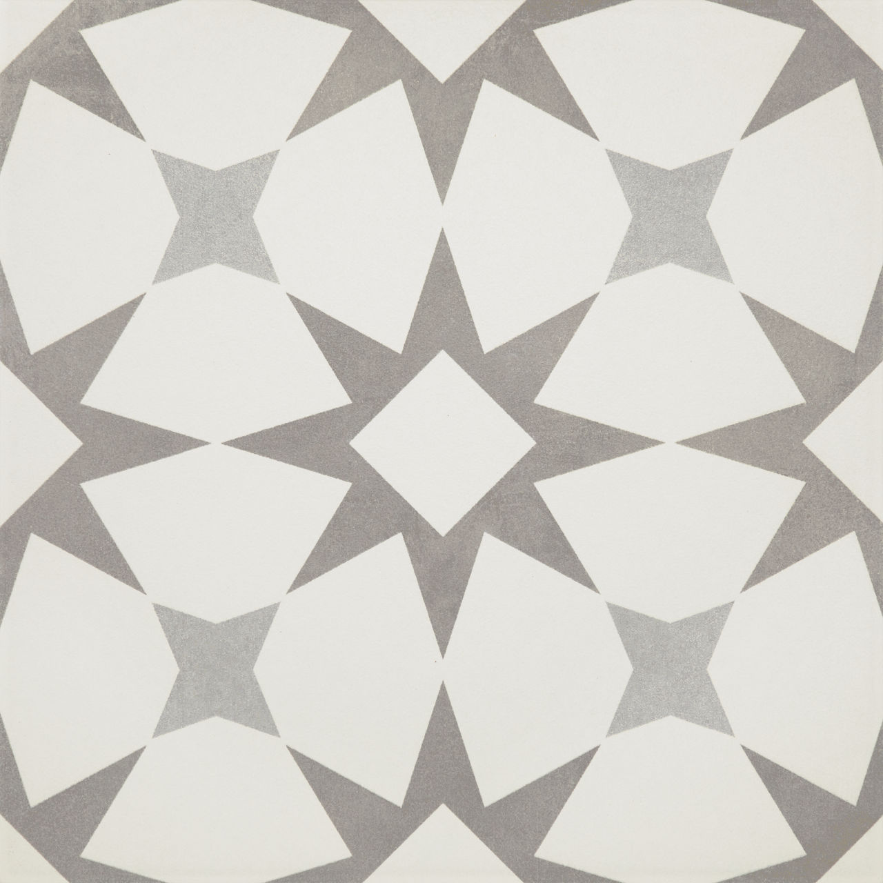 Abstract geometric shapes form a repeating star and diamond pattern. The design features soft gray elements on a light, off-white background. Symmetrical angular forms create a kaleidoscopic effect across the surface. The minimal color palette emphas