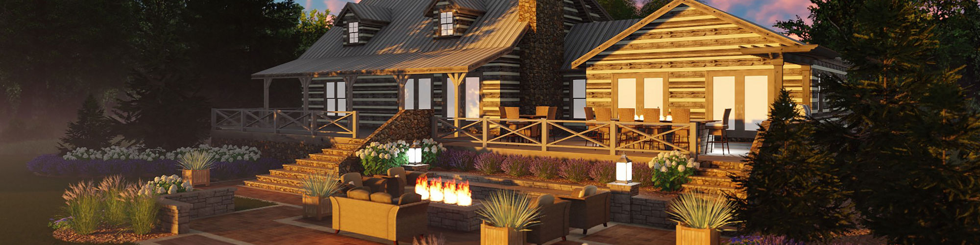Modern log house with wood deck, large planter boxes, wooden stairs leading to lawn with seating around a firepit.
