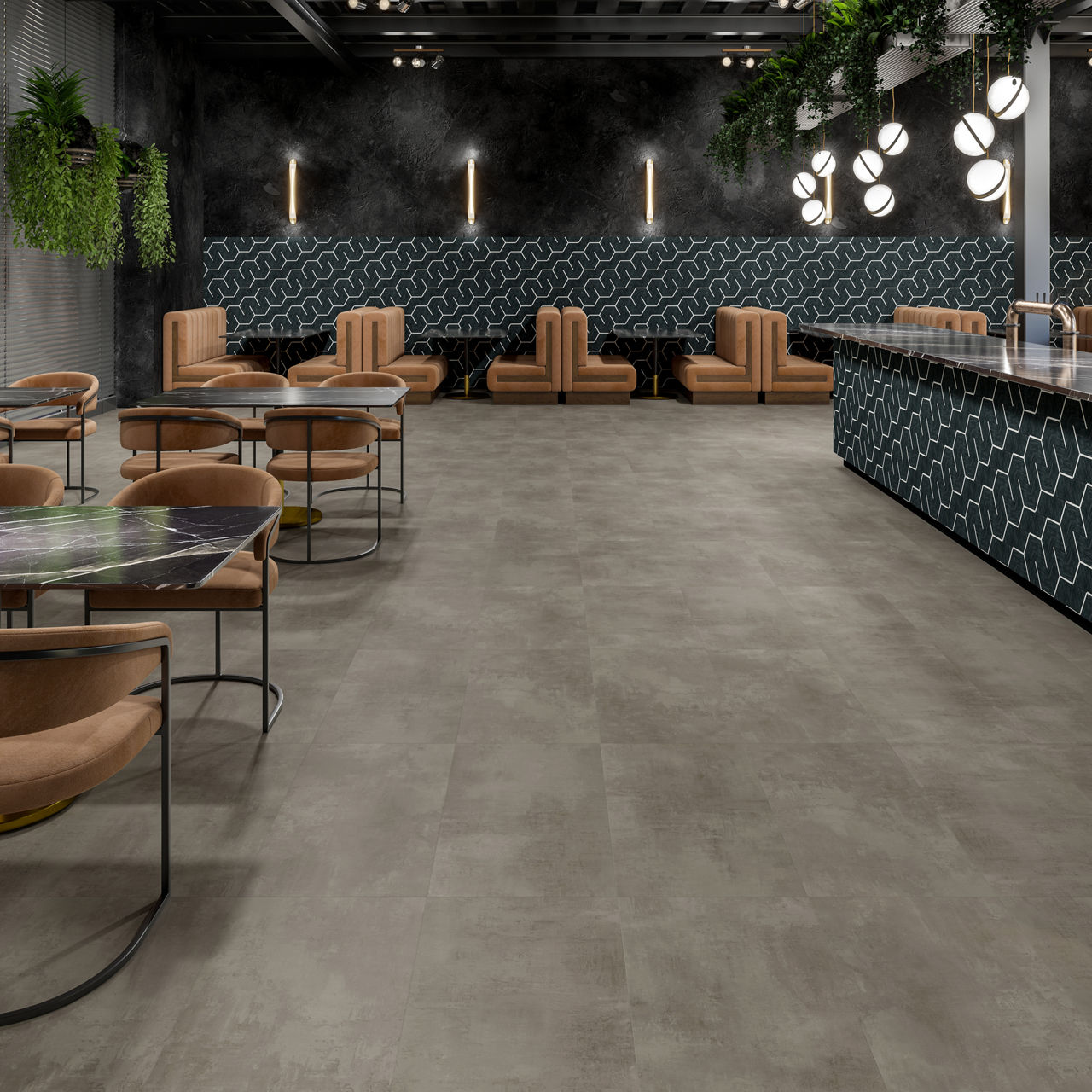 A contemporary lounge features tan upholstered chairs and marble-topped tables arranged around a geometric-patterned bar.