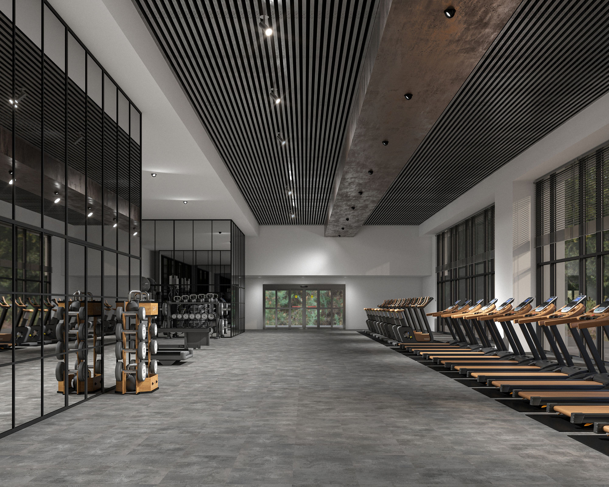 Indoor gym with dark gray concrete look square floor tile, white walls, a row of treadmills, and large windows.
