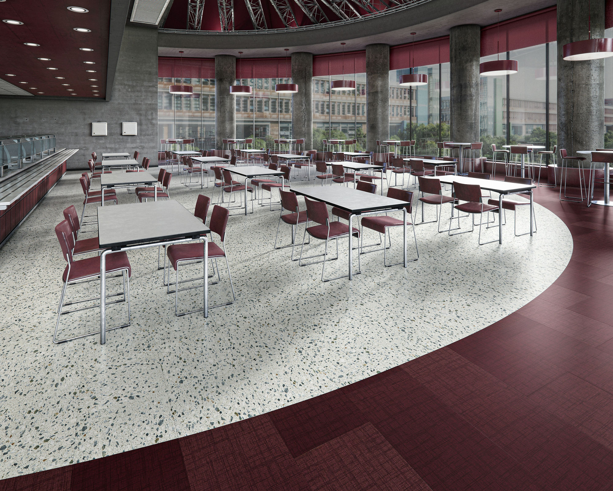 Cafeteria with white terrazzo look square floor tile, dark red fabric look rectangle floor tile, white tables, and red chairs.