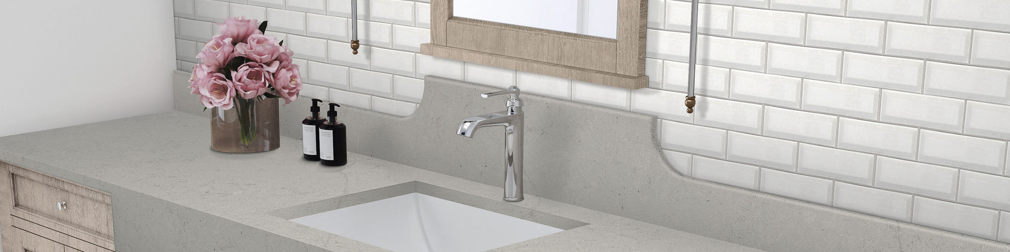 Bathroom with gray stone look countertop, white subway tile on backsplash, and white encaustic  square floor tile.